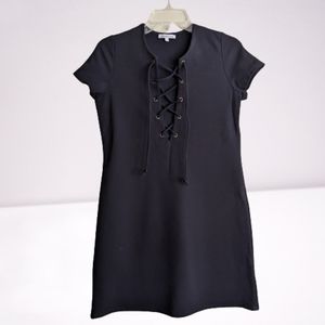 Charlotte Russe Dress Black Shift Front Criss Cross Lace Up 70s Vibe Medium